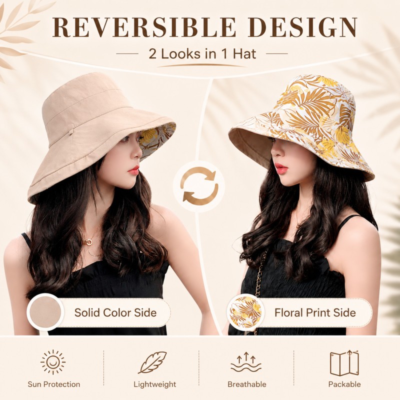 Woman wearing a wide brim reversible sun hat with UV protection
