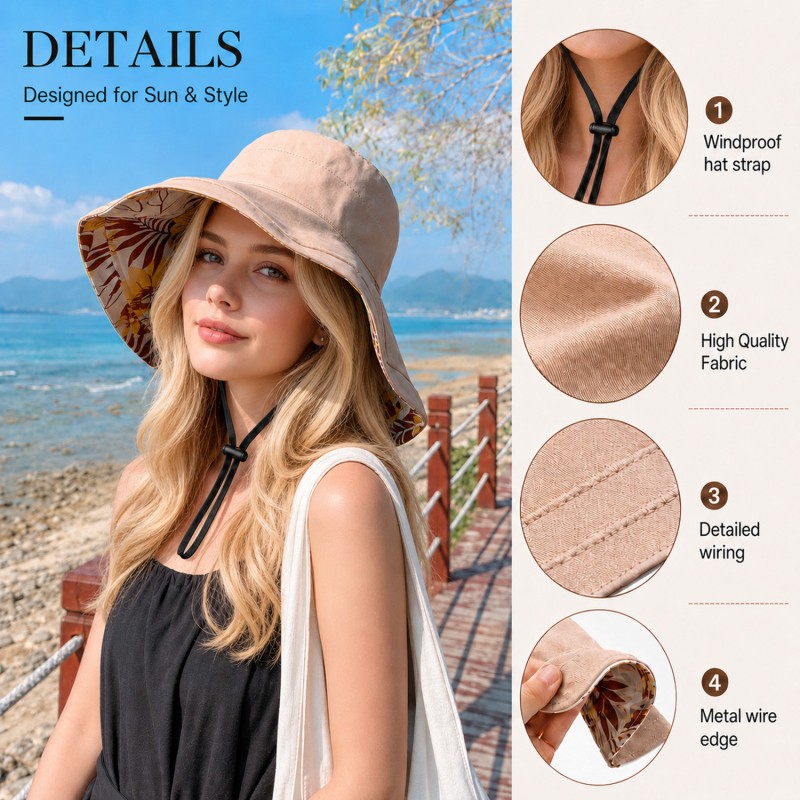 Woman wearing a wide brim reversible sun hat with UV protection