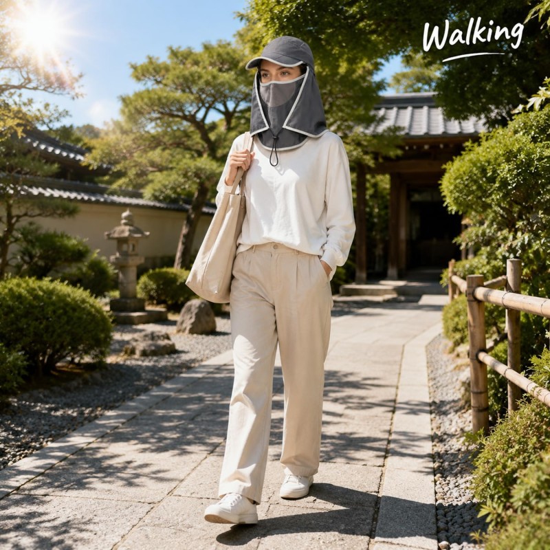 Women's Wide Brim Sun Hat with UV Protection and Detachable Neck Flap Woman wearing wide brim sun hat with UV protection and detachable neck flap outdoors