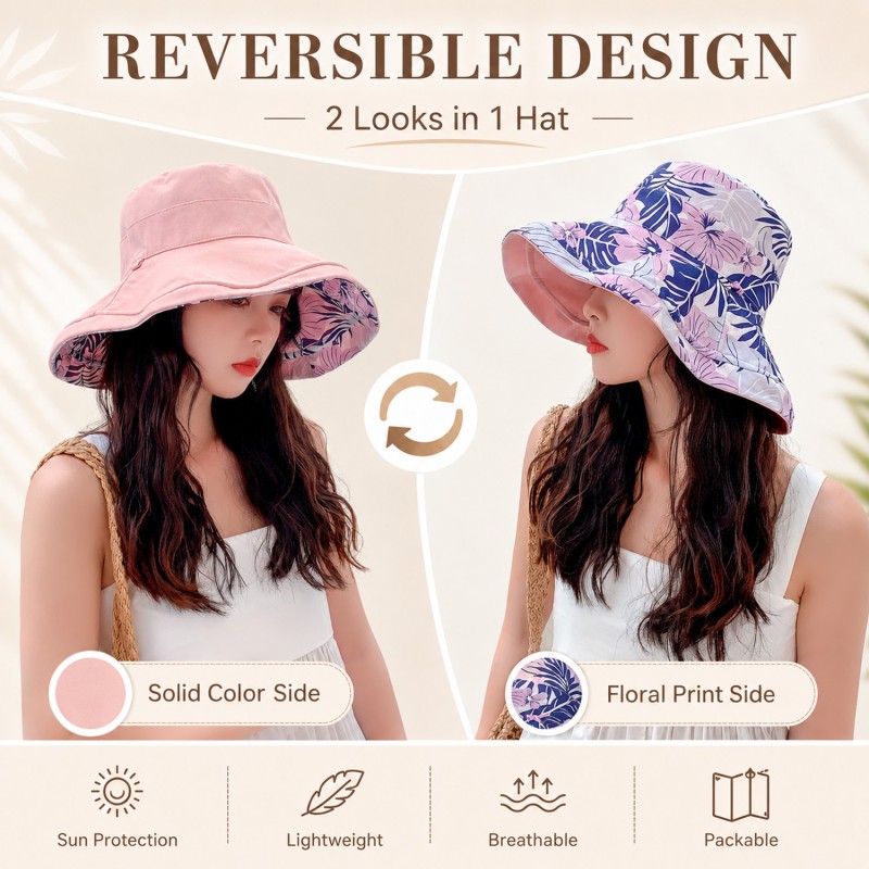 Women's reversible floral bucket sun hat with wide brim and UV protection