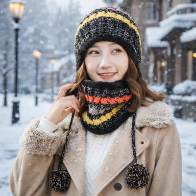 Women's winter beanie and circle scarf set in black, fleece lined chunky knit