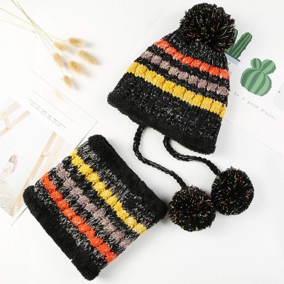 Women's winter beanie and circle scarf set in black, fleece lined chunky knit