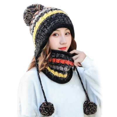Women's winter beanie and circle scarf set in black, fleece lined chunky knit