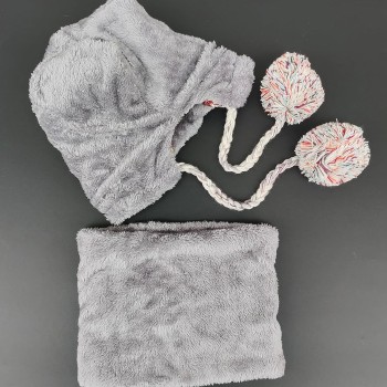 Women's Winter Beanie & Circle Scarf Set - Fleece Lined, Pompoms, Gray