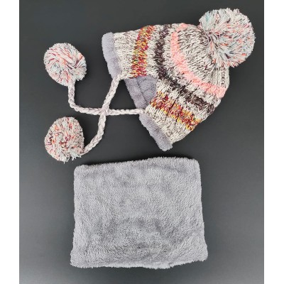 Gray fleece lined winter beanie with pompom and matching circle scarf set for women