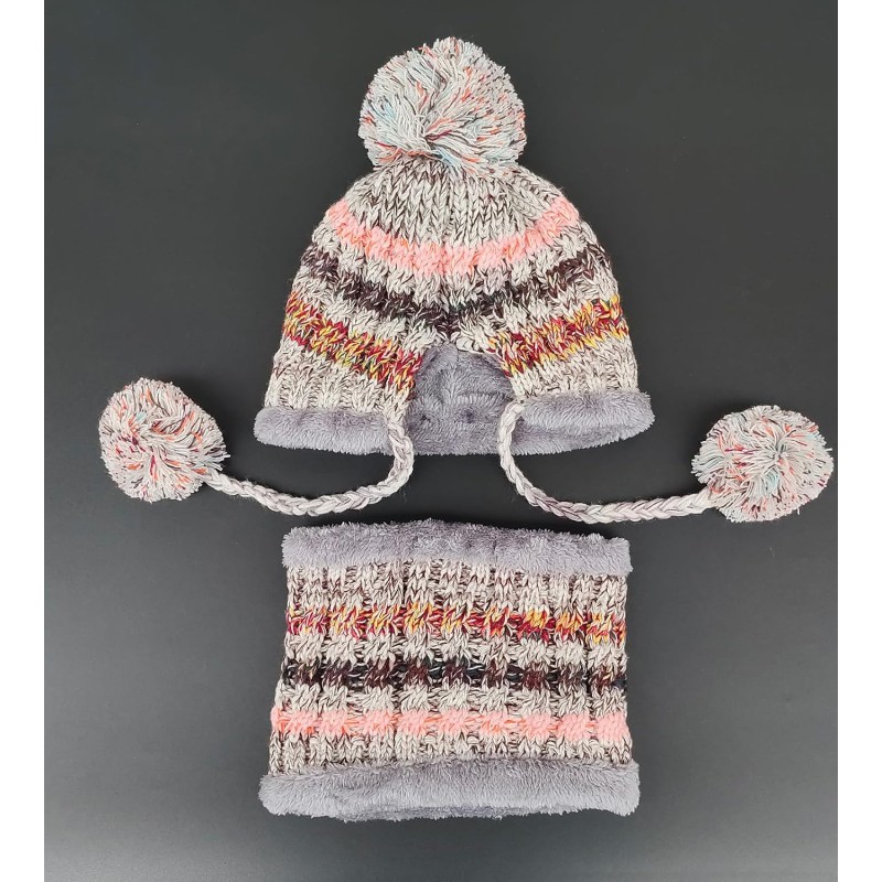 Gray fleece lined winter beanie with pompom and matching circle scarf set for women