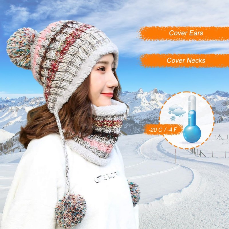 Gray fleece lined winter beanie with pompom and matching circle scarf set for women