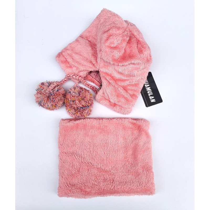 Pink fleece lined Peruvian winter beanie and scarf set with pom pom