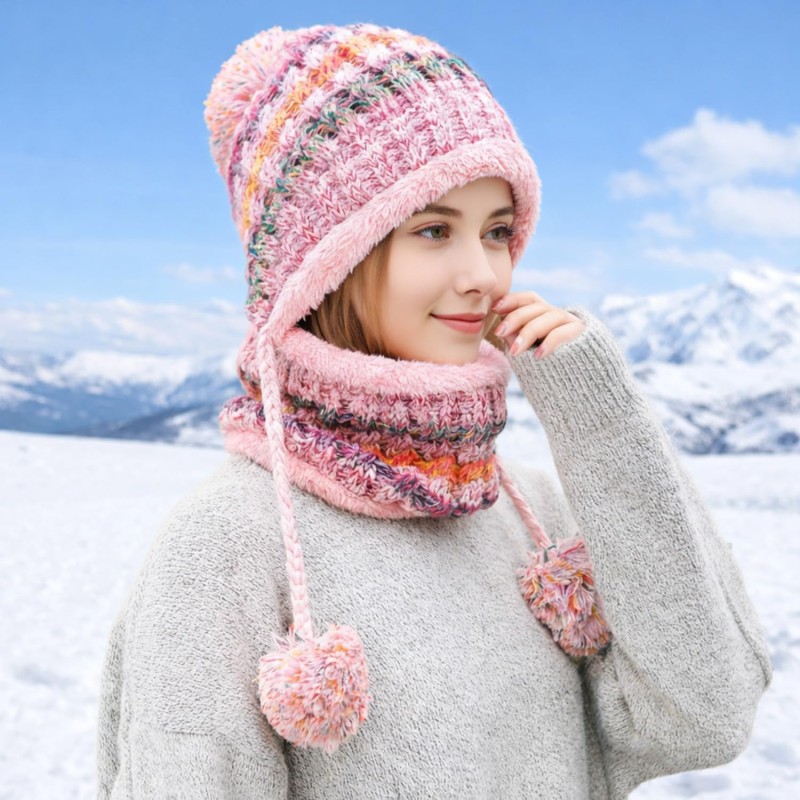 Pink fleece lined Peruvian winter beanie and scarf set with pom pom