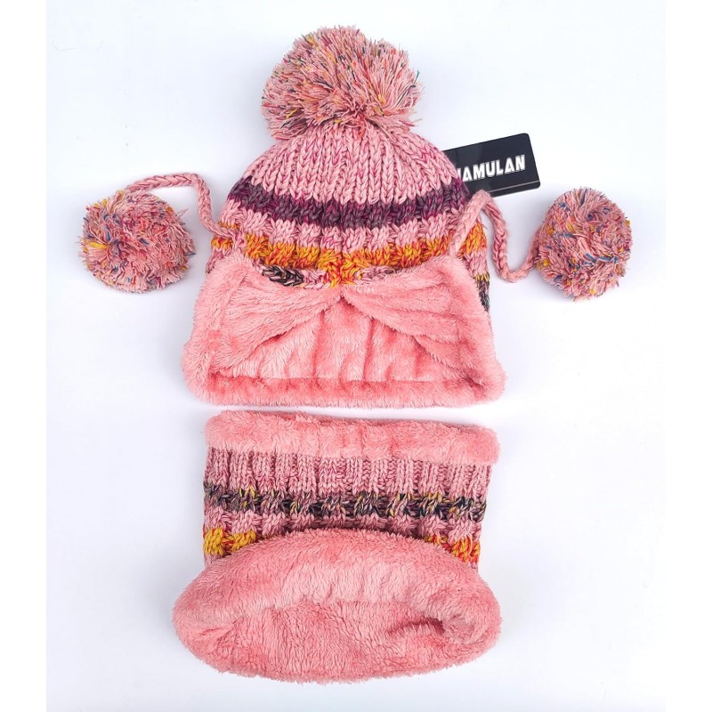 Pink fleece lined Peruvian winter beanie and scarf set with pom pom