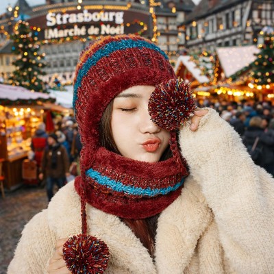 Red Peruvian beanie and circle scarf set with pompoms and ear flaps