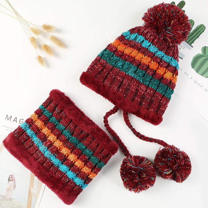 Red Peruvian beanie and circle scarf set with pompoms and ear flaps