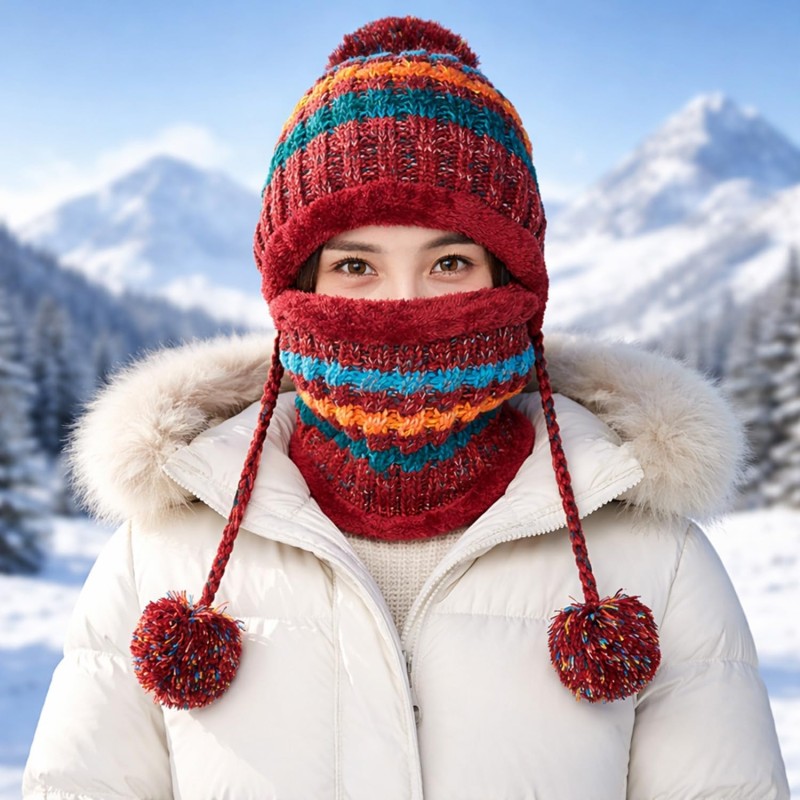 Red Peruvian beanie and circle scarf set with pompoms and ear flaps