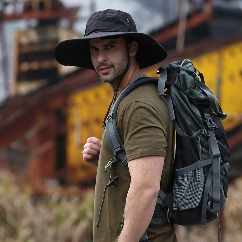 Unisex Wide Brim Sun Hat - UPF 50+ Adjustable for Hiking Beach Fishing Unisex wide brim sun hat with UPF 50+ protection and adjustable chin strap, ideal for hiking beach and fishing