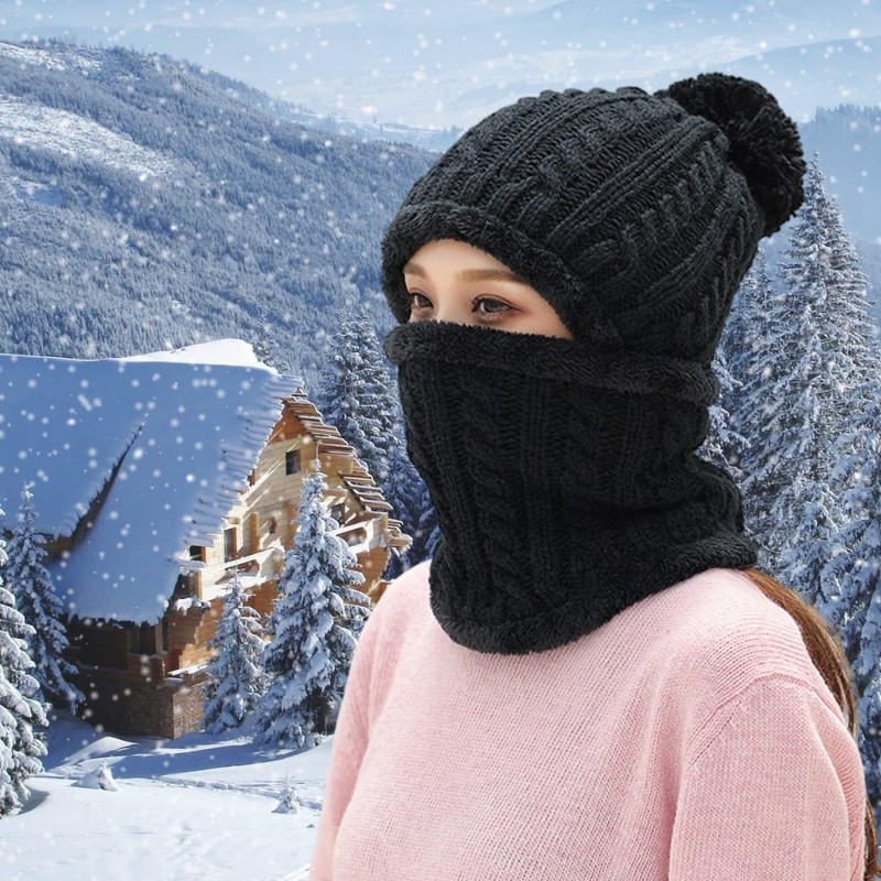 Women's Winter Fleece Lined Beanie Balaclava Scarf Set Pom Pom Black Women's black fleece lined beanie balaclava scarf set with pom pom