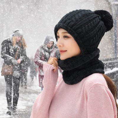 Women's Winter Fleece Lined Beanie Balaclava Scarf Set Pom Pom Black Women's black fleece lined beanie balaclava scarf set with pom pom