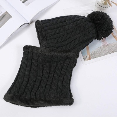 Women's Winter Fleece Lined Beanie Balaclava Scarf Set Pom Pom Black Women's black fleece lined beanie balaclava scarf set with pom pom