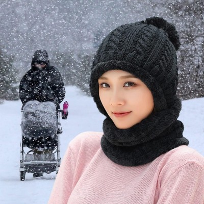 Women's Winter Fleece Lined Beanie Balaclava Scarf Set Pom Pom Black Women's black fleece lined beanie balaclava scarf set with pom pom