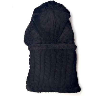 Women's Winter Fleece Lined Beanie Balaclava Scarf Set Pom Pom Black Women's black fleece lined beanie balaclava scarf set with pom pom