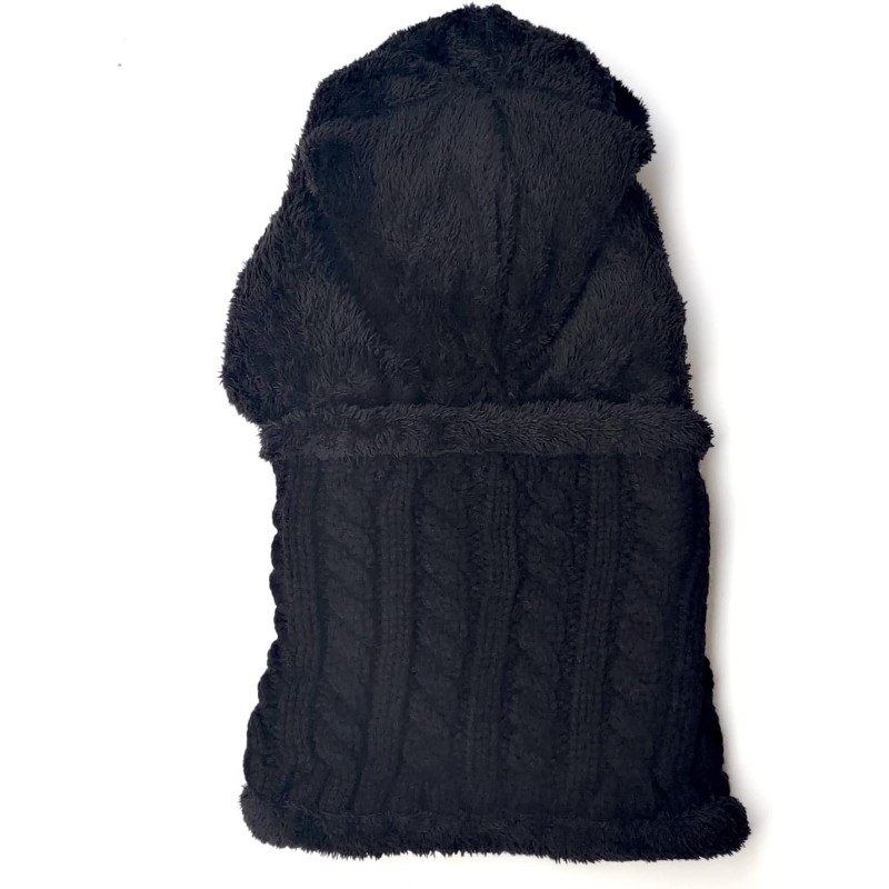Women's Winter Fleece Lined Beanie Balaclava Scarf Set Pom Pom Black Women's black fleece lined beanie balaclava scarf set with pom pom
