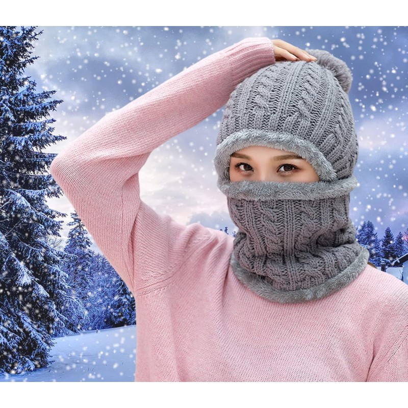 Women's Fleece Lined One Piece Beanie Scarf Set in Gray
