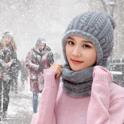 Women's Fleece Lined One Piece Beanie Scarf Set in Gray
