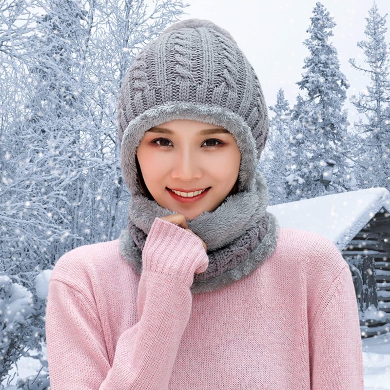 Women's Fleece Lined One Piece Beanie Scarf Set in Gray