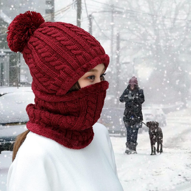 Women's Wine Red Fleece Lined Beanie & Scarf Set