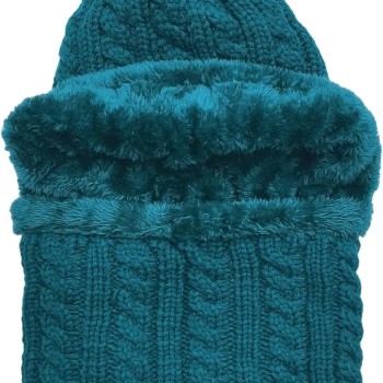 Women's Winter Fleece-Lined Knit Beanie & Scarf Set - Teal Pom Pom