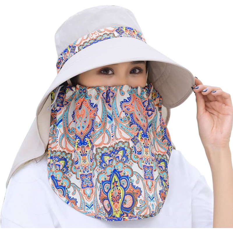 Wide brim sun hat with face flap Woman wearing wide brim sun hat with detachable face flap for UV protection, ponytail compatible