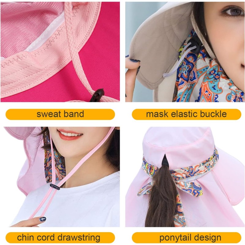 Wide brim sun hat with face flap Woman wearing wide brim sun hat with detachable face flap for UV protection, ponytail compatible