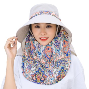 Women Wide Brim Sun Hat with Detachable Face Flap, UV Protection, Ponytail Compatible