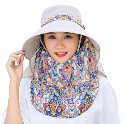 Wide brim sun hat with face flap Woman wearing wide brim sun hat with detachable face flap for UV protection, ponytail compatible