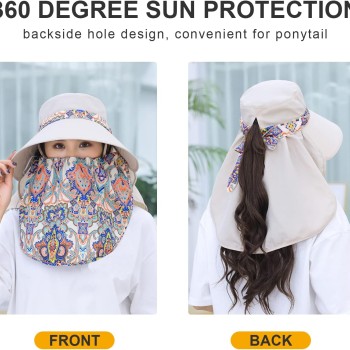 Women Wide Brim Sun Hat with Detachable Face Flap, UV Protection, Ponytail Compatible