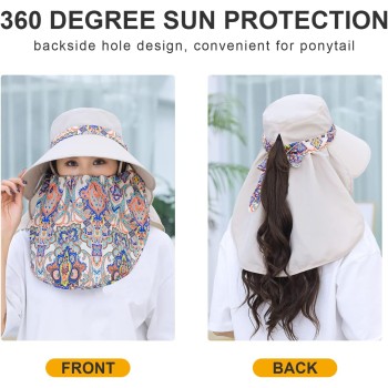 Women Wide Brim Sun Hat with Detachable Face Flap, UV Protection, Ponytail Compatible