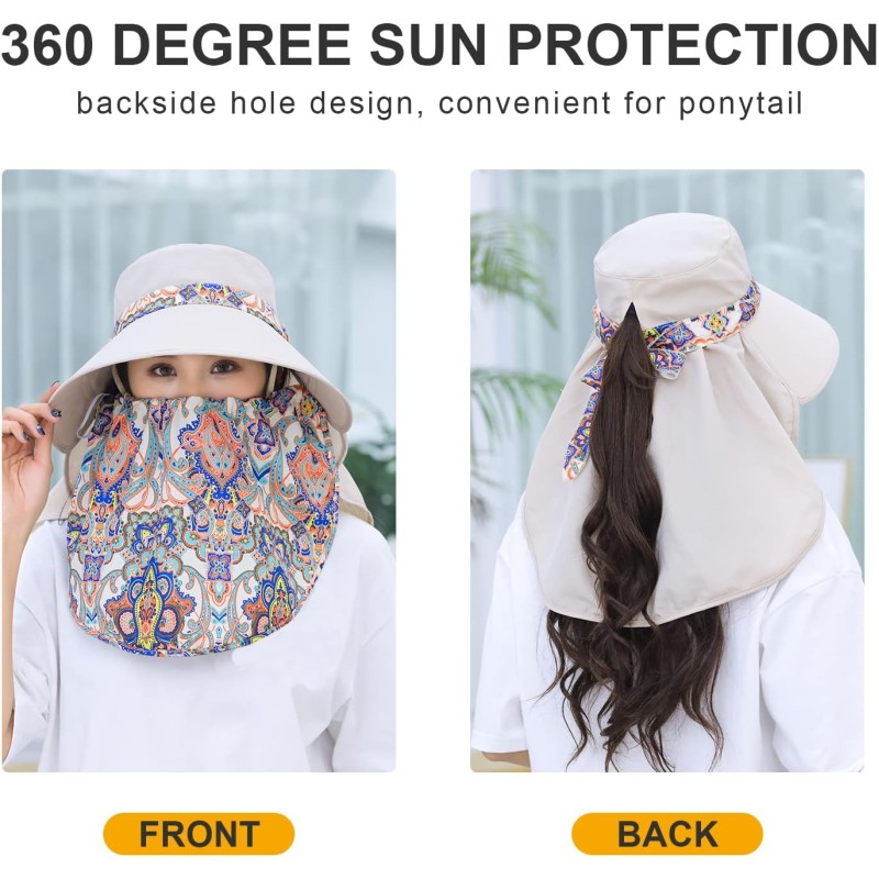Wide brim sun hat with face flap Woman wearing wide brim sun hat with detachable face flap for UV protection, ponytail compatible