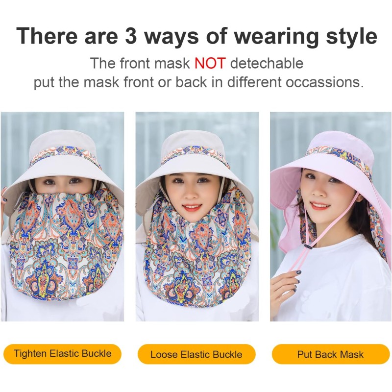 Wide brim sun hat with face flap Woman wearing wide brim sun hat with detachable face flap for UV protection, ponytail compatible