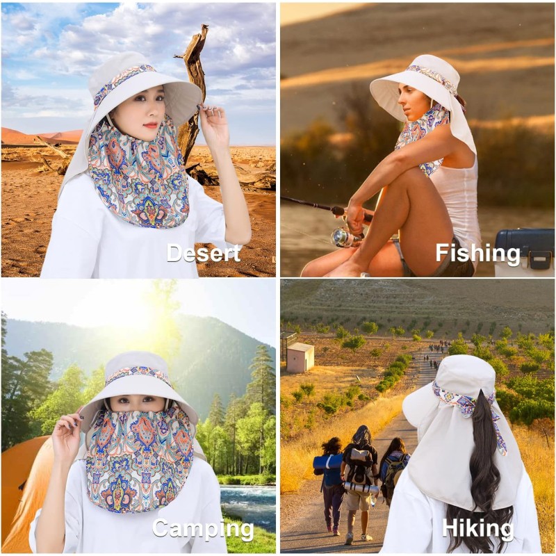 Wide brim sun hat with face flap Woman wearing wide brim sun hat with detachable face flap for UV protection, ponytail compatible