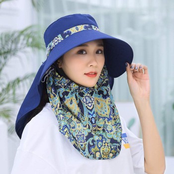 Women's Wide Brim UV Protection Sun Hat Detachable Neck Flap Ponytail
