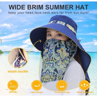 Women's wide brim UV protection sun hat with detachable neck flap and ponytail opening for outdoor use
