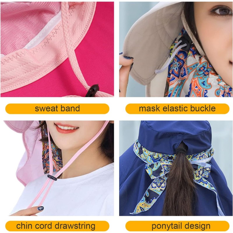 Women's wide brim UV protection sun hat with detachable neck flap and ponytail opening for outdoor use