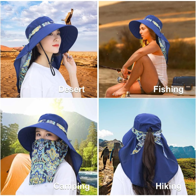 Women's wide brim UV protection sun hat with detachable neck flap and ponytail opening for outdoor use