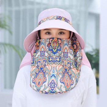 Women's Wide Brim Sun Hat with Detachable Face Mask & Neck Flap - UV Protection, Ponytail Friendly