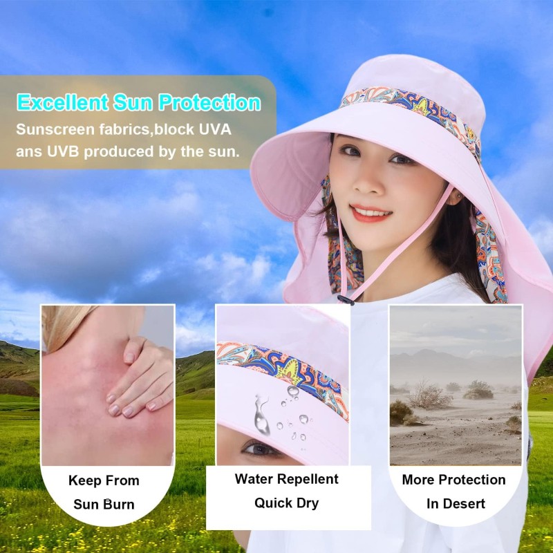 Women's Wide Brim Sun Hat with Detachable Face Mask & Neck Flap - UV Protection Hat Women's wide brim sun hat with detachable face mask and neck flap UV protection ponytail friendly