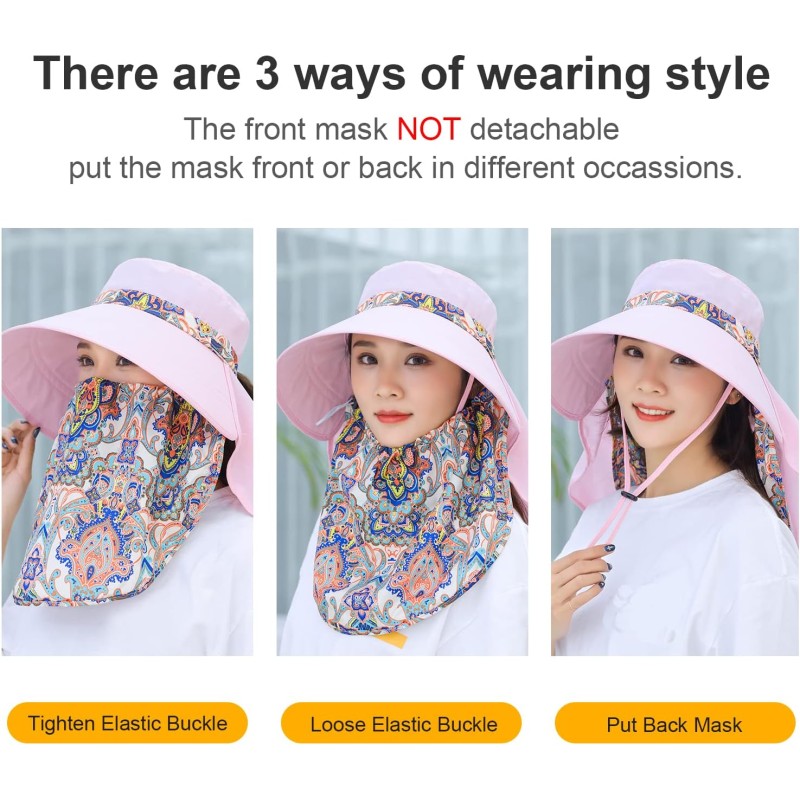 Women's Wide Brim Sun Hat with Detachable Face Mask & Neck Flap - UV Protection Hat Women's wide brim sun hat with detachable face mask and neck flap UV protection ponytail friendly