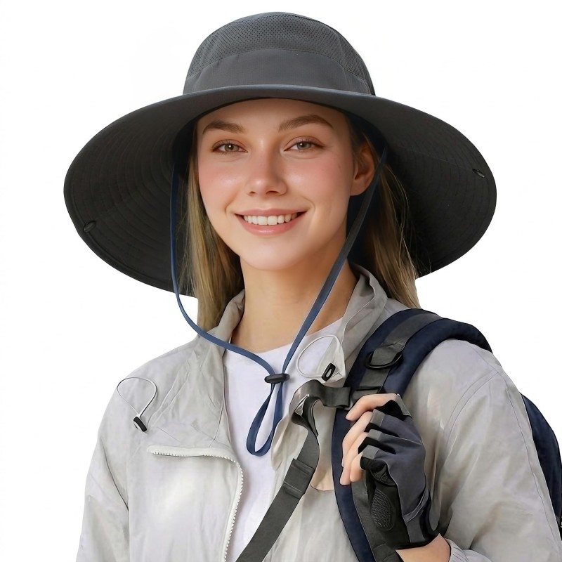 Wide brim sun hat for men women UV protection ventilated summer hat for fishing hiking garden beach dark gray