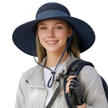 Unisex Foldable Wide Brim Sun Hat UV Protection Ventilated Summer Hat for Fishing Hiking Beach Garden Navy