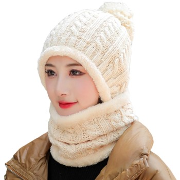 Women's Fleece Lined One-Piece Beanie & Scarf Set - Warm Winter Ski Hat with Pom Pom, Beige