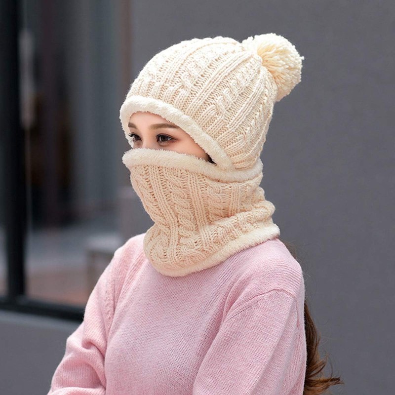 Women's beige fleece lined beanie scarf set with pom pom