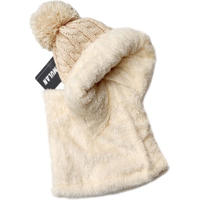 Women's beige fleece lined beanie scarf set with pom pom